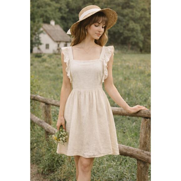 Unbranded Dresses & Skirts - Milkmaid Fit Flare Dress Short Small Cream Linen Open Back Ruffle Sleeve Prairie